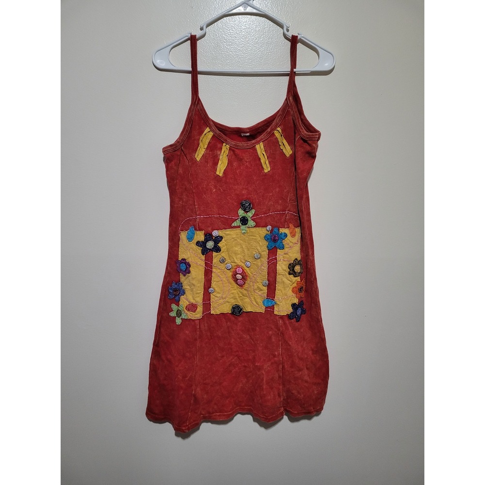 Unbranded Mini Dress Women M Red Acid Wash Sun‎ Floral Applique Boho